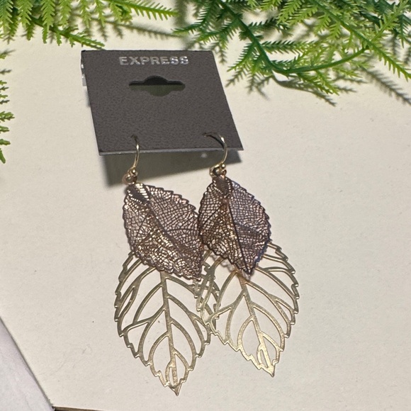 Express Rose Gold and Gold Layered Leaf Dangle Earrings - Picture 2 of 7